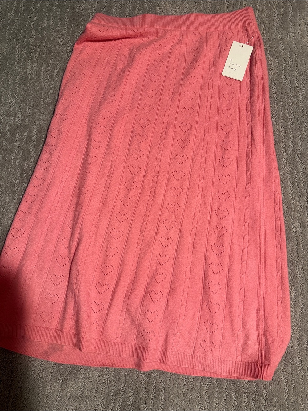 a new day Coral Pink Midi Knit Skirt with Heart Eyelet Detail